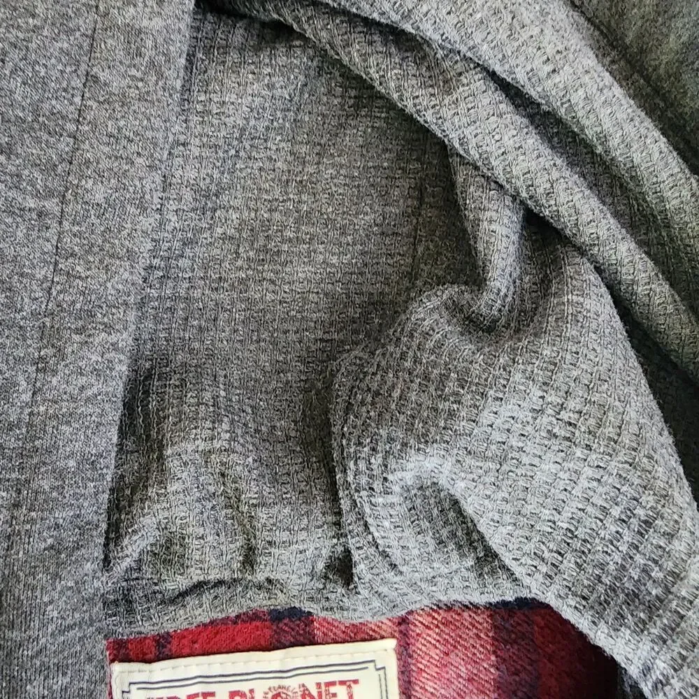 Free Planet Flannel Shirt Jacket with Hood Red Plaid 100% Cotton Mens Size Large
